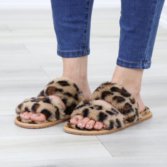Leopard Tan Puff Fuzzy Fluffy Slip On Plush Slippers Double Strap - Picture 16 of 16